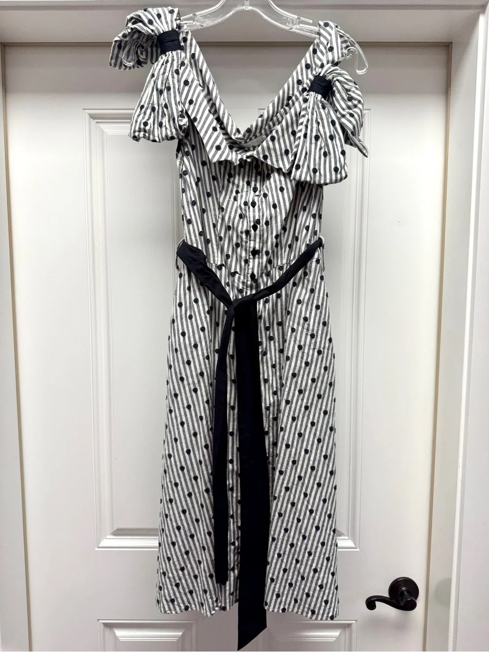 Anne Fontaine Polka Dot Striped Off-the-Shoulder Cotton Midi Dress Navy White 10